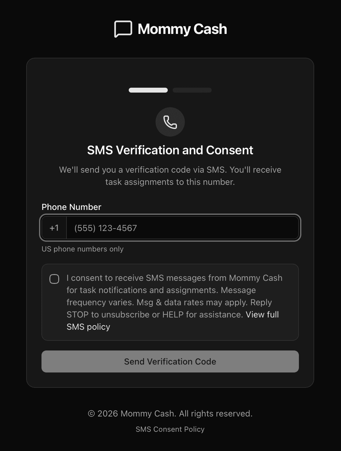 SMS consent checkbox during onboarding